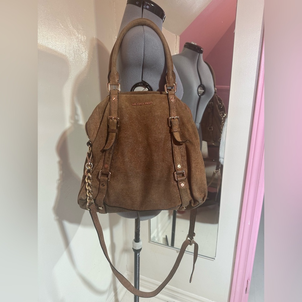 Michael Kors Brown Suede Shoulder Crossbody Bag with Gold Hardware